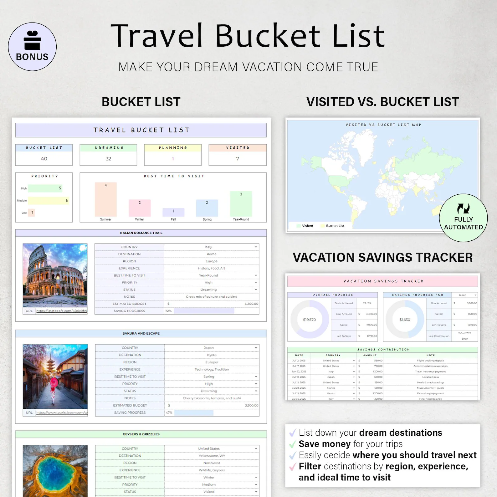 Travel Bucket List bonus — dream destinations, visited vs bucket list map, and vacation savings tracker