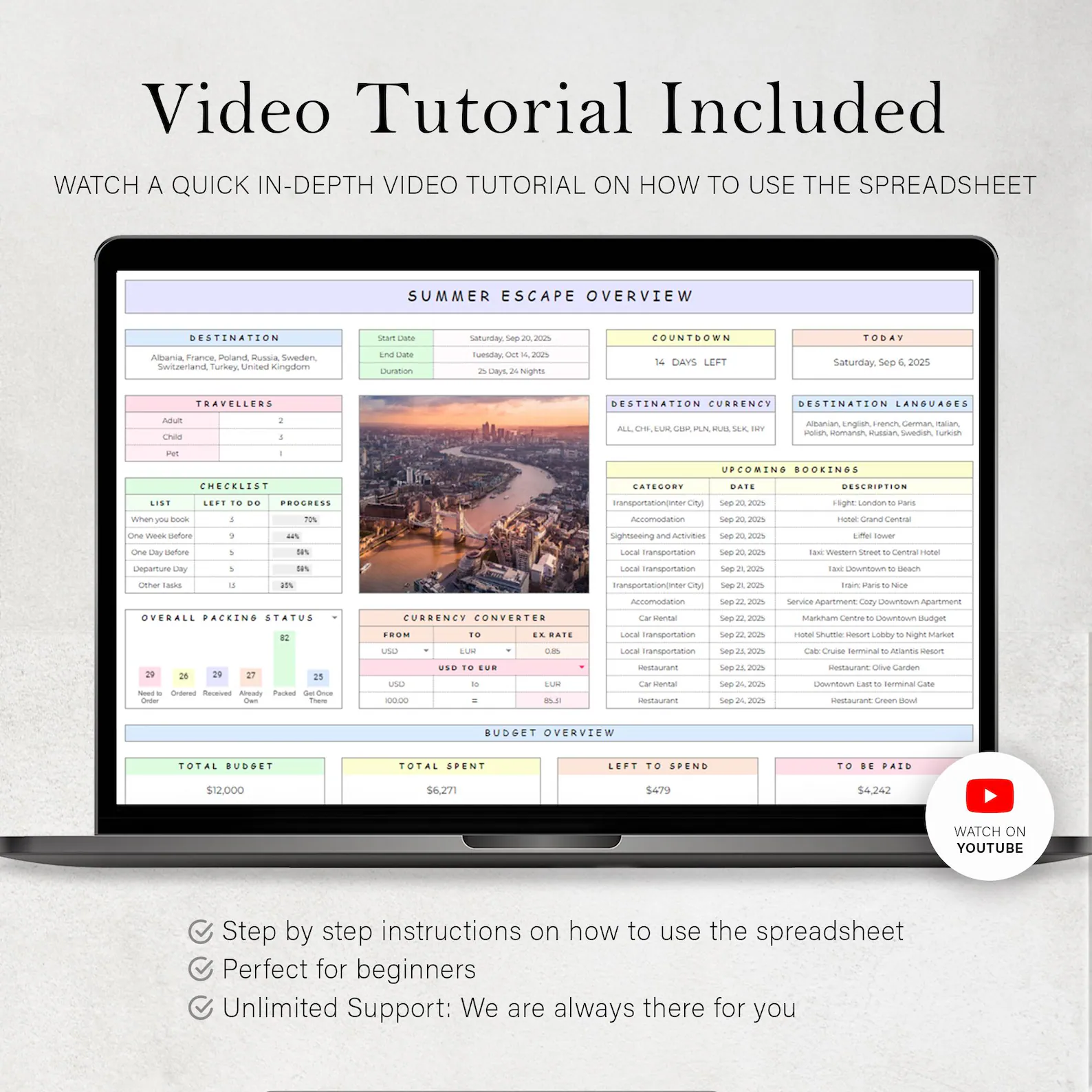 Video tutorial included — step by step instructions on how to use the spreadsheet
